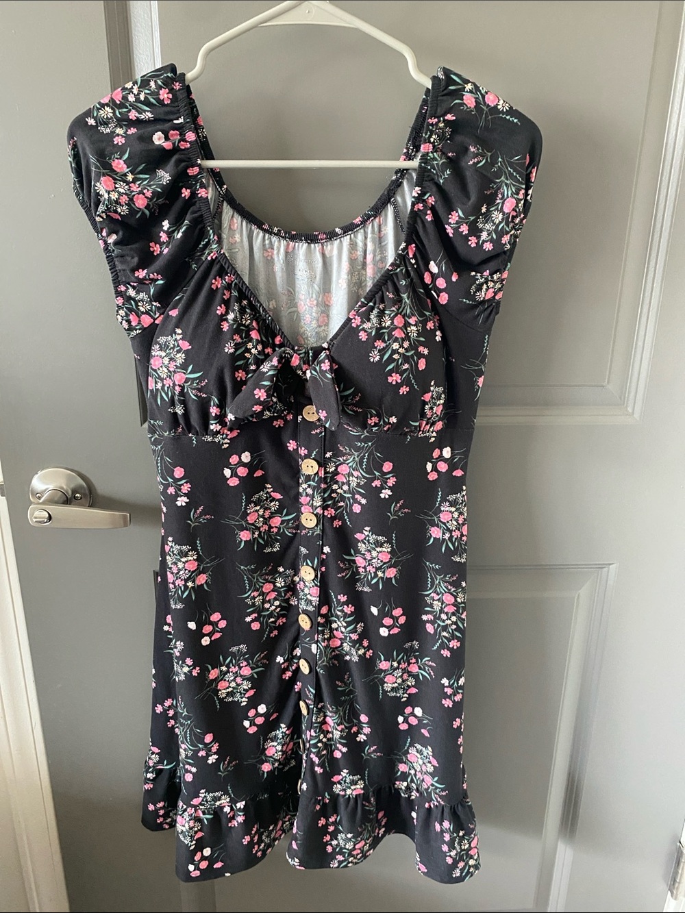 Women's Black Floral Button-Front Dress with Pink Accents